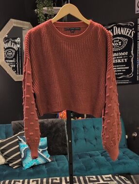 HYFVE Rust Pom-Pom Sleeve Cropped Crewneck Sweater